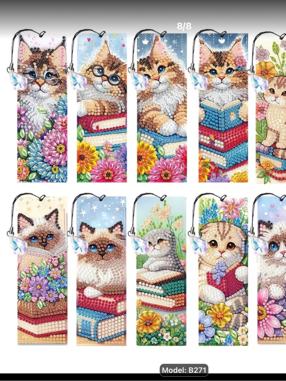 DIY diamond painting Cat Bookmark Multicolor sell or gift. Set of 12 beautiful!